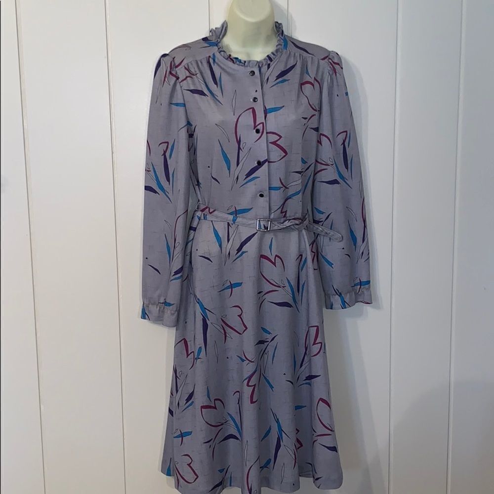 Vtg 70s Joan Curtis gray polyester‎ knit shirtwaist dress